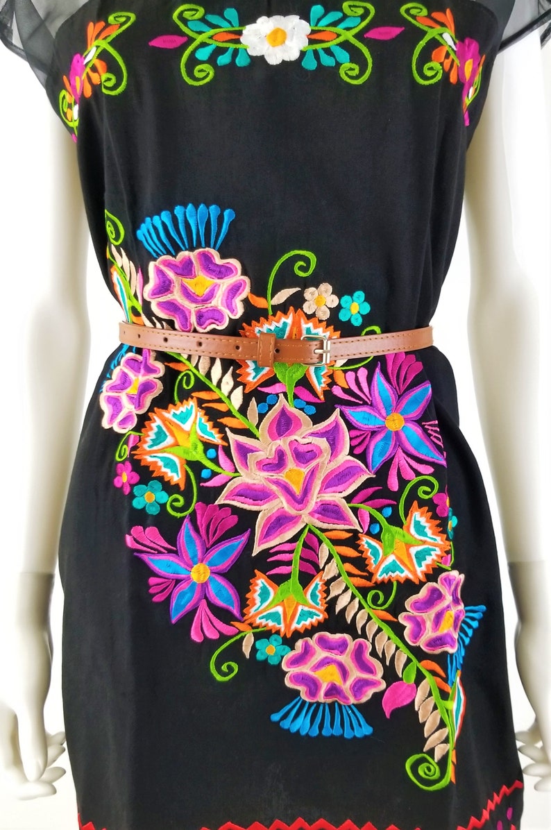 Embroidered Mexican Dress, Oaxaca dress, Floral Embroidered Chiffon Dress image 3