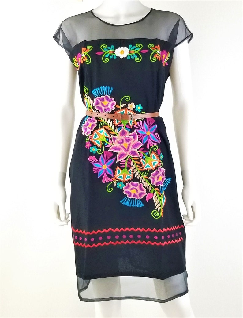 Embroidered Mexican Dress, Oaxaca dress, Floral Embroidered Chiffon Dress Pink