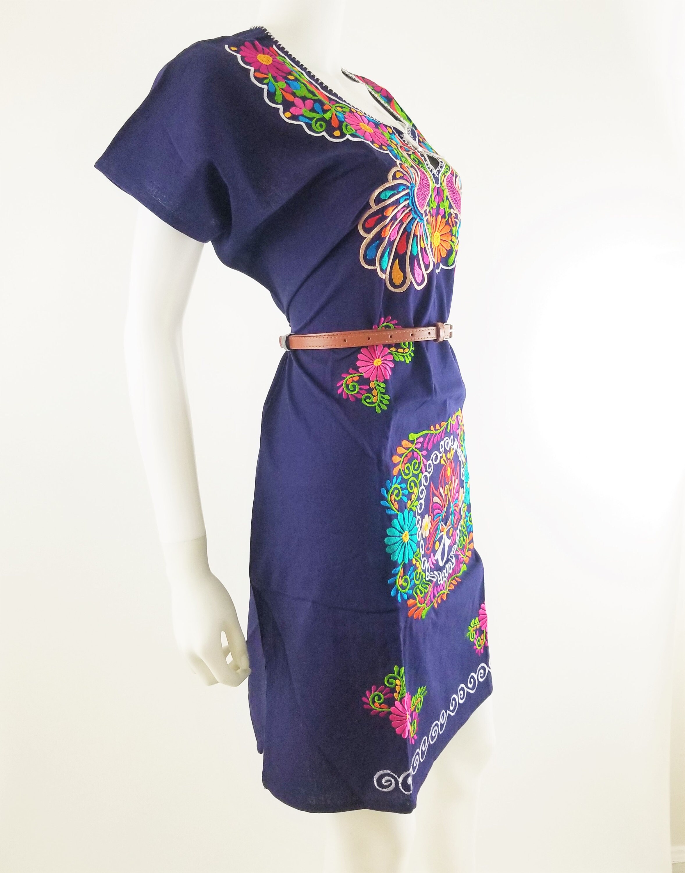 slim fit dress slacks Fernanda Floral Embroidered Mexican Dress- Vestido Mexicano Bordado