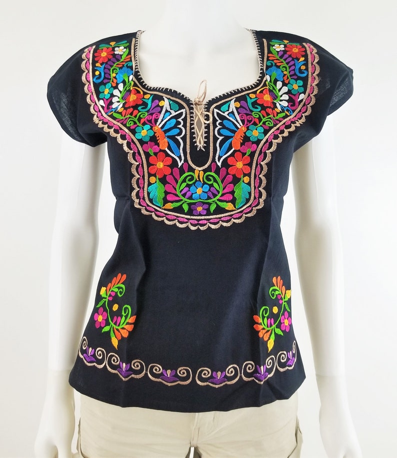 Embroidered Mexican Blouse, Floral Embroidered Blouse Beige