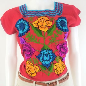Embroidered Mexican Blouse, Floral Embroidered Blouse Red