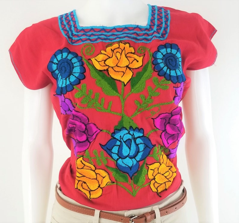 Embroidered Mexican Blouse, Floral Embroidered Blouse Red