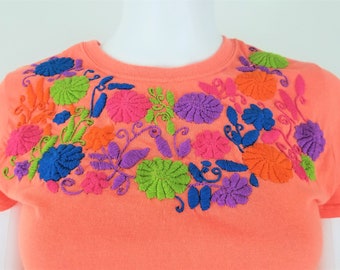 Embroidered Mexican Blouse, Floral Embroidered T-Shirt Handmade
