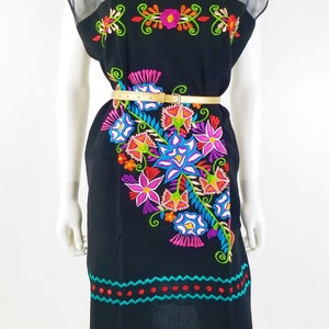 Embroidered Mexican Dress, Oaxaca dress, Floral Embroidered Chiffon Dress Blue