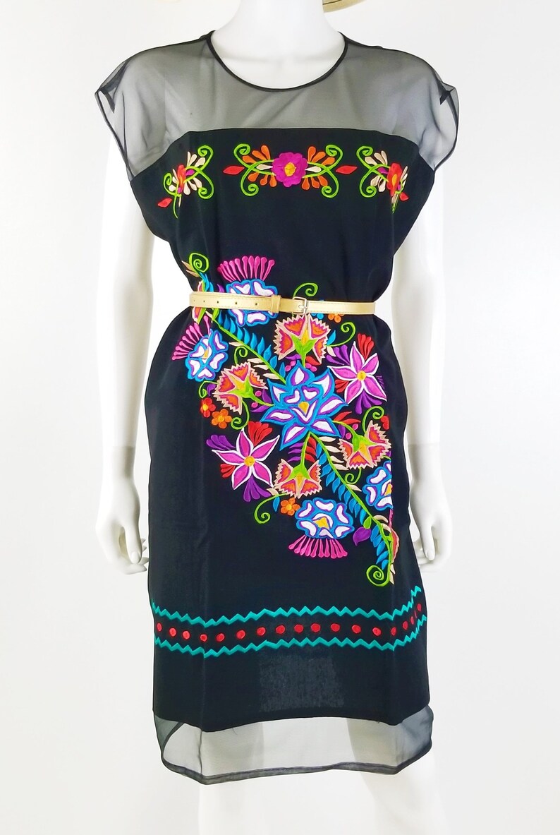 Embroidered Mexican Dress, Oaxaca dress, Floral Embroidered Chiffon Dress Blue