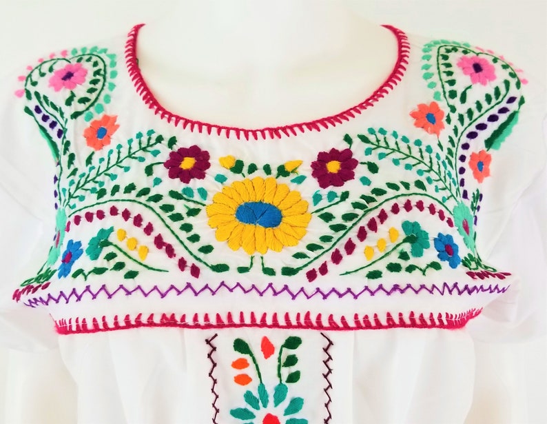 Embroidered Mexican Dress, Floral Embroidered Fit-Flare Dress Handmade image 2