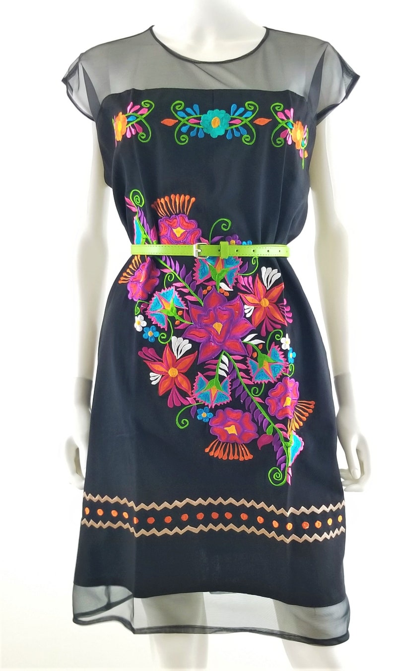 Embroidered Mexican Dress, Oaxaca dress, Floral Embroidered Chiffon Dress Green