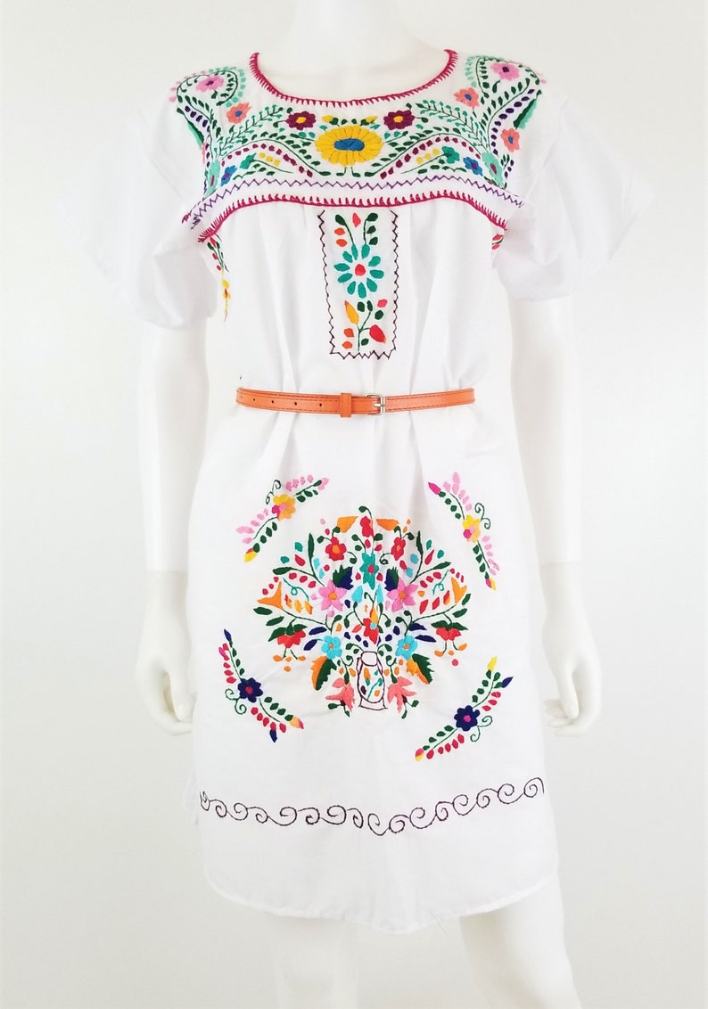 Embroidered Mexican Dress, Floral Embroidered Fit-Flare Dress Handmade image 1