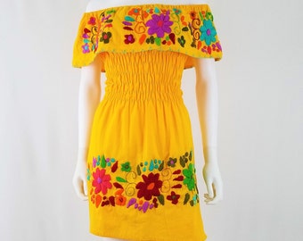 Embroidered Mexican Dress, Floral Embroidered Elastic Dress Handmade