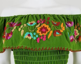 Embroidered Mexican Dress, Floral Embroidered Elastic Dress Handmade