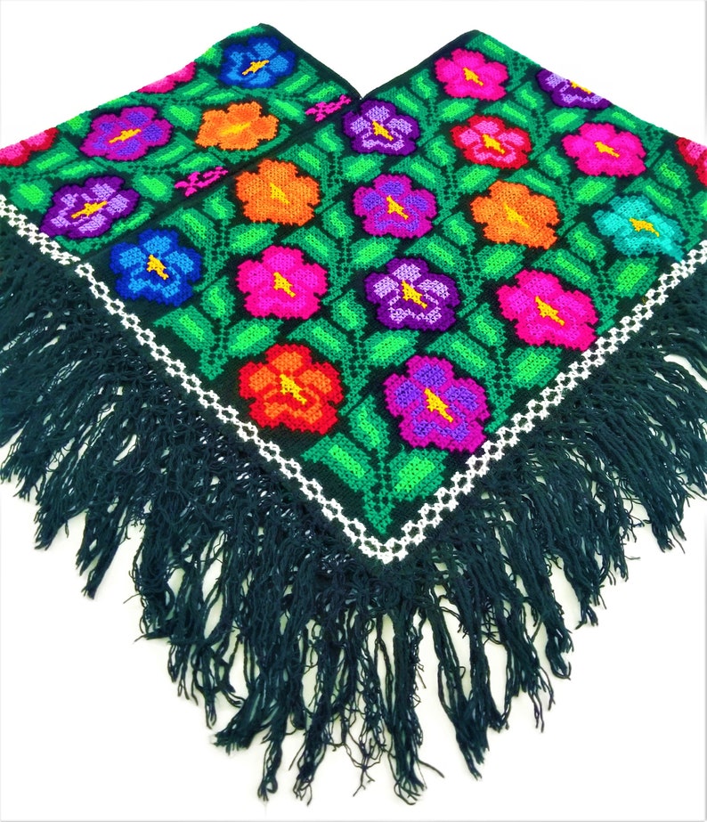 Embroidered Mexican Poncho, Mexican embroidery Poncho made by artisans, Floral Mexican Poncho image 7