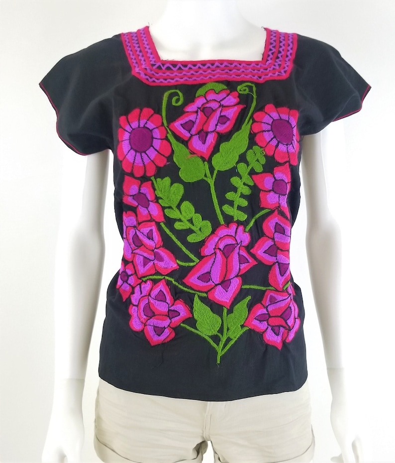 Embroidered Mexican Blouse, Floral Embroidered Blouse Black