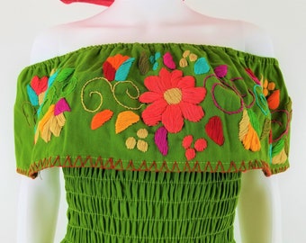 Embroidered Mexican Dress, Floral Embroidered Elastic Dress Handmade