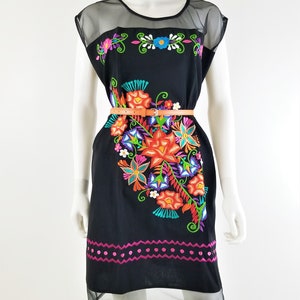 Embroidered Mexican Dress, Oaxaca dress, Floral Embroidered Chiffon Dress Orange