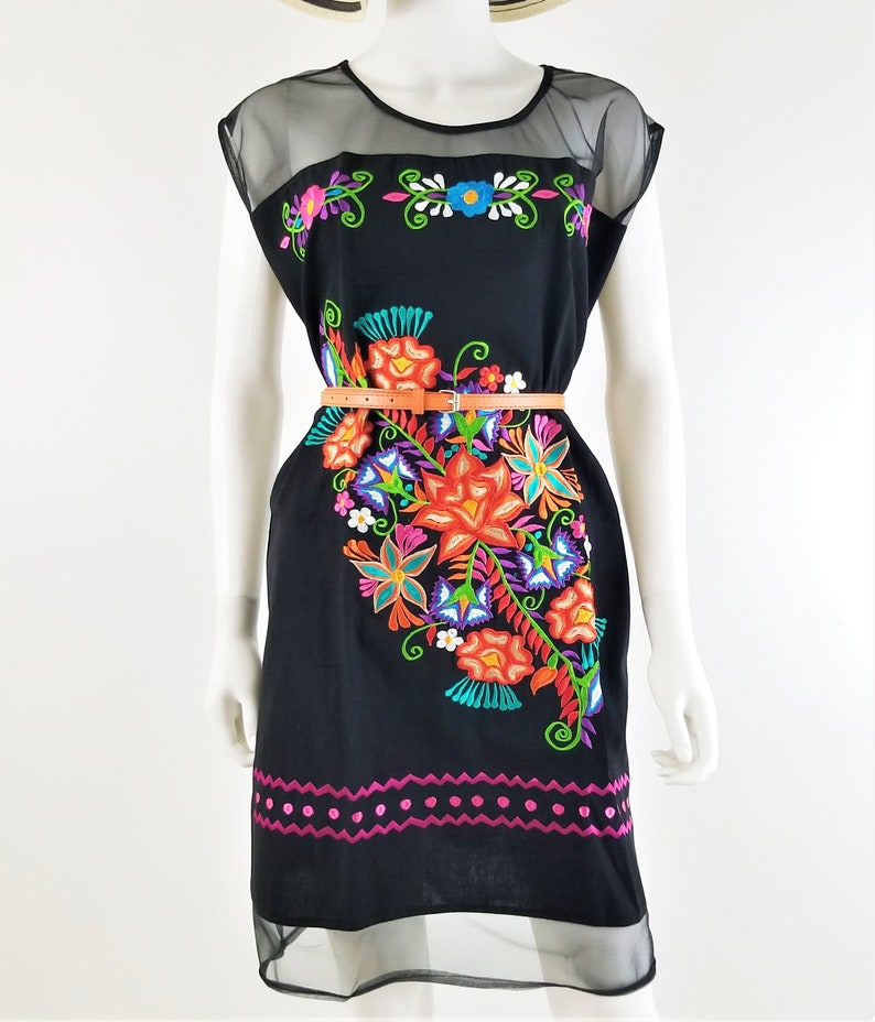Embroidered Mexican Dress, Oaxaca dress, Floral Embroidered Chiffon Dress Orange