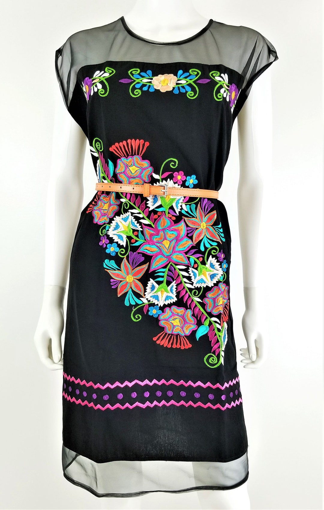 Embroidered Mexican Dress, Oaxaca Dress, Floral Embroidered Chiffon Dress  Black - Pink - Etsy