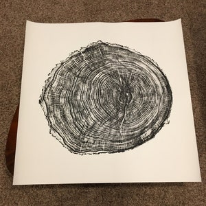 39&quot;x39&quot; Original Tree Ring Relief Print Walnut on White, &quot;M&quot;