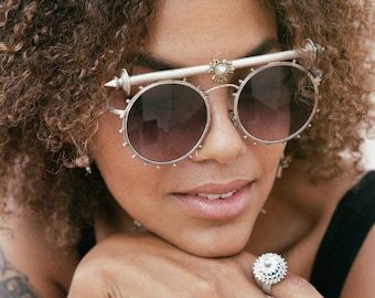 Hysteria Sunglass/925 Sterling Silver/Oxidized polish/Round Shades/Designer/Handmade/UV Protected/Try and Buy/Party Frames/Brass Bindi