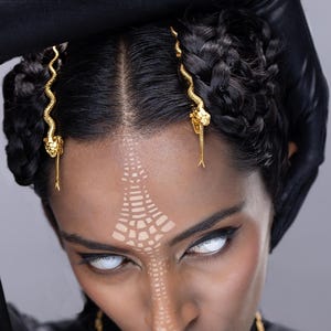 Könnte beinhalten: Zwei goldfarbene Schlangen-Haarspangen aus Metall mit detaillierten Schuppen und Schlangenköpfen. Die Haaraccessoires sind in dunklem, geflochtenem Haar befestigt und symmetrisch auf beiden Seiten des Mittelscheitels platziert.