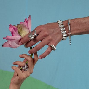 Puede incluir: Un anillo de plata con forma de p&aacute;jaro, una pulsera de plata con piedras blancas ovaladas, una pulsera de cadena fina de plata con una peque&ntilde;a piedra azul, un anillo de plata con borde festoneado y un anillo de plata con piedras rosas sostienen una flor de loto rosa.