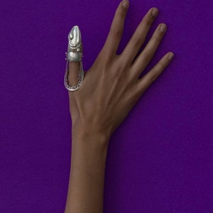 以下が含まれることがあります： 手の指先につけられた、細かいデザインが施された銀の指輪。指輪は爪の形をしていて、後ろにチェーンがついている。