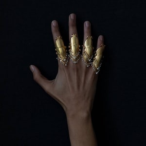 May include: A hand wearing four gold rings with pearl accents. The rings are ornate and have a pointed, claw-like design.