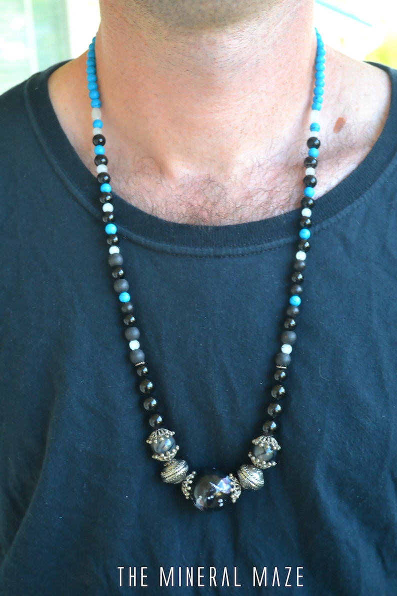 Boho Black Turquoise Mala Necklace The Black Pearl Tibetan silver White Jade