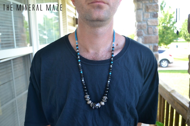 Boho Black Turquoise Mala Necklace The Black Pearl Tibetan silver White Jade