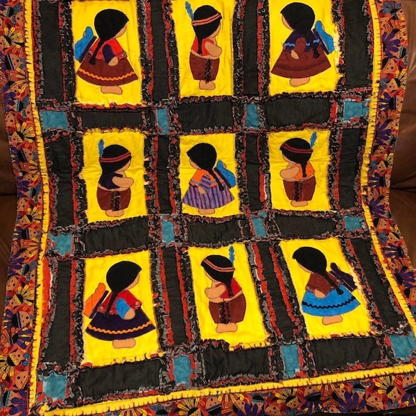 Baby Quilt Anleitung | Niedliches Western Native American Indian & Southwest Rag Quilt Geschenk | Easy Bed oder Wandbehang Applikation