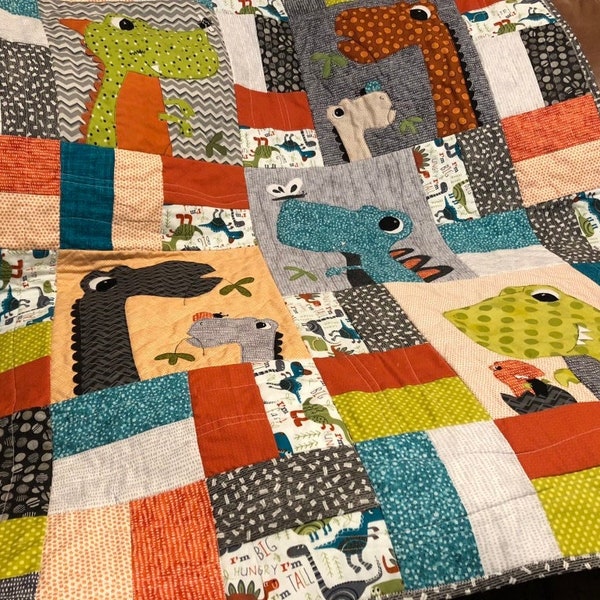 Baby Quilt Patterns PDF Easy Quilt Pattern "Dino Dudes" Quilt As You Go Rail Fence Quilting Projects Baby Blanket Pattern