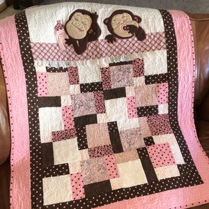 Baby Girl Monkey Quilt Pattern | Two Little Cuties | Cute Animal Themed Gift | Easy Gift Bed or Wall Hanging Appliqué Quilt Pattern