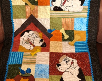 Dog Quilt Pattern | Ain't Nothing But A Hound Dog | Cute Dog Puppy Themed Gift | Easy Bed or Wall Hanging Appliqué Quilt