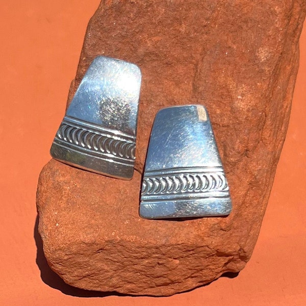 Navajo Stamped Sterling Clip On Earrings by R Lee