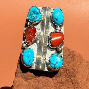 Jumbo Turquoise Coral Sterling Ring | Men&#39;s Huge Southwestern Turquoise Nugget Statement Ring size 10 1/2
