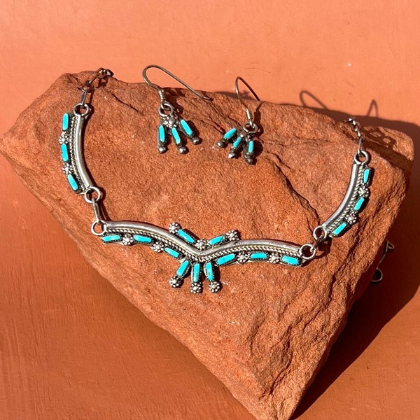 Zuni Petit Point Turquoise Collar Necklace and Earring Set | Seowtewa Zuni Turquoise Necklace Earring Set