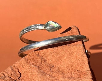 Mexico Stamped Snake Coil Arm Band with Abalone Detail | Alpaca Silver Coiled Serpent Arm Cuff