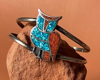 Crushed Turquoise and Coral Sterling Owl Cuff