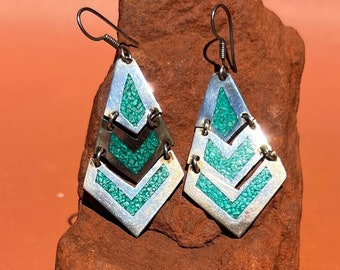 Taxco Sterling Turquoise Mosaic Dangle Earrings | Mexico Crushed Turquoise Sterling Chandelier Earrings