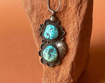 Double Turquoise Nugget Navajo Pendant and Sterling Chain Necklace