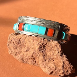 Zuni Multi Stone Inlay Sterling Cuff by Martin and Esther Panteah | Raised Channel Inlay Turquoise Coral Cuff