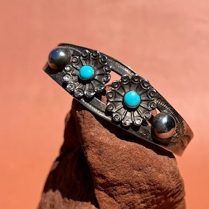 Fred Harvey Cuff | Vintage Fred Harvey Navajo Flower Turquoise Stamped Silver Cuff