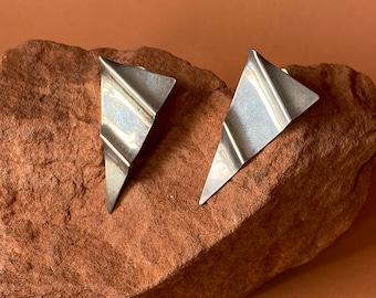 Artisan Sterling Folded Triangle Earrings | Large Silver Textured Triangle Earrings