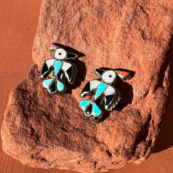 Zuni Thunderbird Turquoise Inlay Sterling Clip Earrings