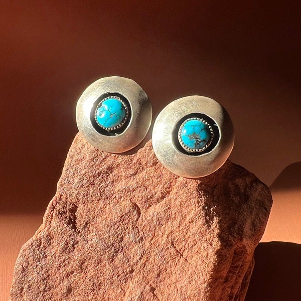 Old Navajo Sterling and Turquoise Shadowbox Earrings | Old Pawn Shadowbox Circle Post Earrings