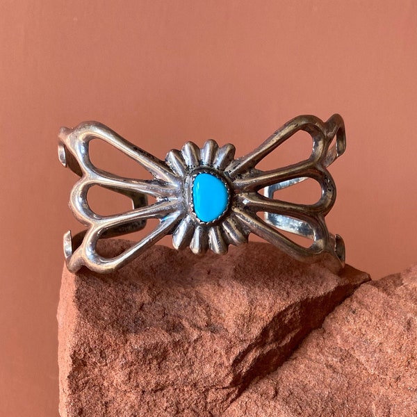 Native American Navajo signed sandcast silver turquoise cuff | Native American butterfly sand cast cuff