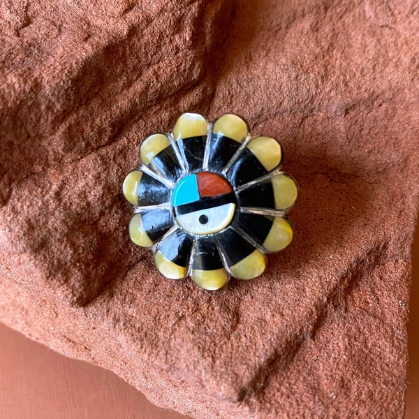 Zuni Sunface Stone Inlay Pin | Native American Sun Chief Mother of Pearl Brooch