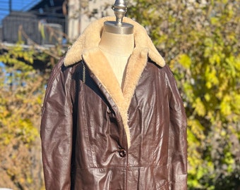 Brown Leather Shearling Lined Long Aviator Coat | Leather Trench Fully Lined Coat Size XL