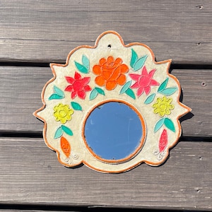 Mexican Papier Maché Flower Mirror | 1960s Mexico Paper Mache Folk Art Mirror