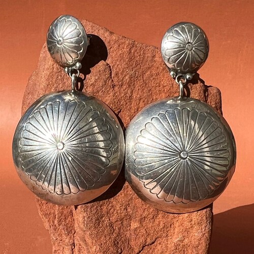 Large Native American Stamped Sterling Dangle shops Concho Domed Pillow Earrings