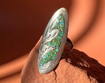 Navajo Long Sterling Crushed Turquoise Inlay Mosaic ring by James Nezzie size 6.5